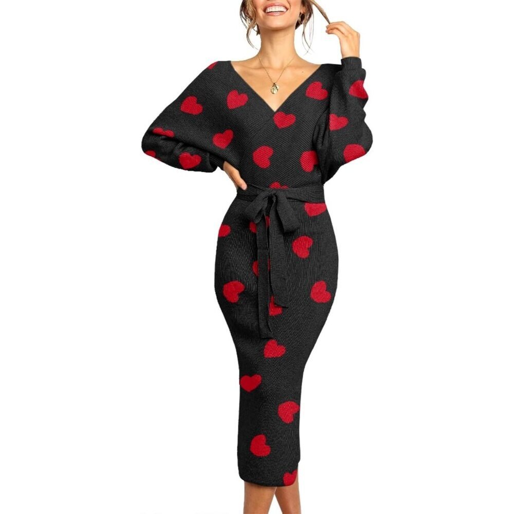 Women valentine-black Maxi Sweater Dress V Neck Batwing Slit Open Back Bodycon